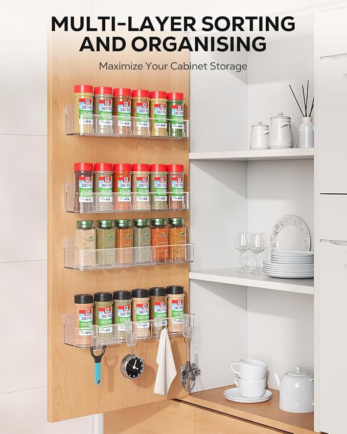 Nieifi Spice Rack Wall Mount, 4 Pack, Clear, 2 Inch Depth, Screw or Adhesive Installation, Spice Rack Organizer for Small Spice Jars, Suitable for Kitchen Cabinet or Pantry Door