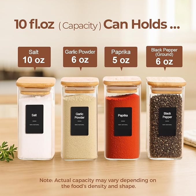 ComSaf Glass Spice Jars with Labels 10 oz 12 Pack Large Square Bamboo Lids | Empty Containers, Seasoning Herbs Powders, Salt Pepper Chili, Spice Rack Organization, Kitchen Cabinet Storage, Dry Goods