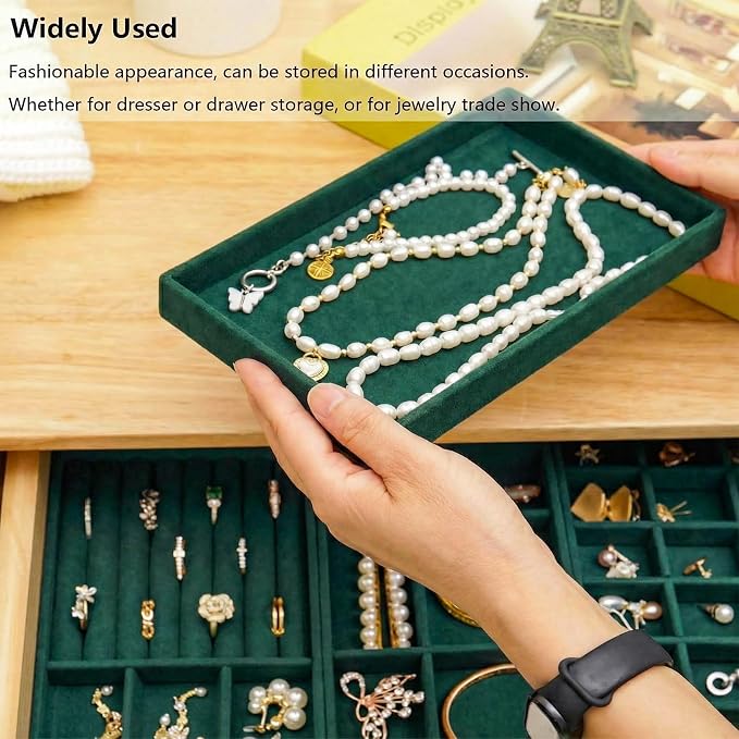 Stackable Jewelry Organizer Trays for Drawer, Set of 4 Velvet Jewelry Drawer Inserts in Dresser, 8in Storage Display Case for Rings Stud Necklaces Accessories(Green)