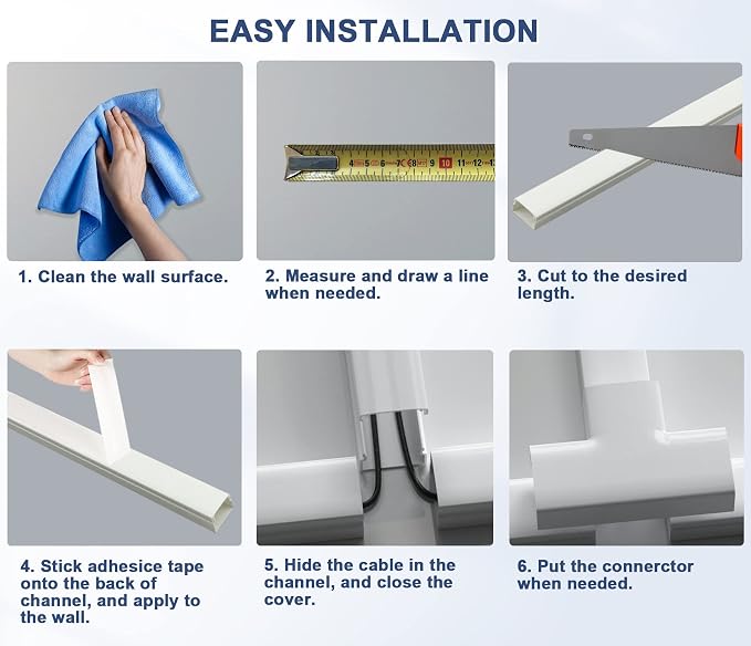 157" Paintable Cable Raceway Kit for TV Wall Mount Wire Concealer | 157" paintable cable raceway kit hides TV wall wires, PVC wire concealer with cuttable channels and adhesive or screw install