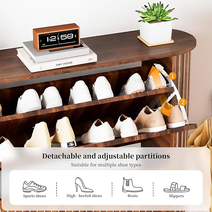 Narrow Shoe Storage Cabinet for Entryway, Slim Fluted Shoe Cabinet with 2 Flip Drawers, Wood Hidden Shoe Rack Organizer for Entry Way, Entrance, Foyer, Hallway, Walnut, Wooden, Thin