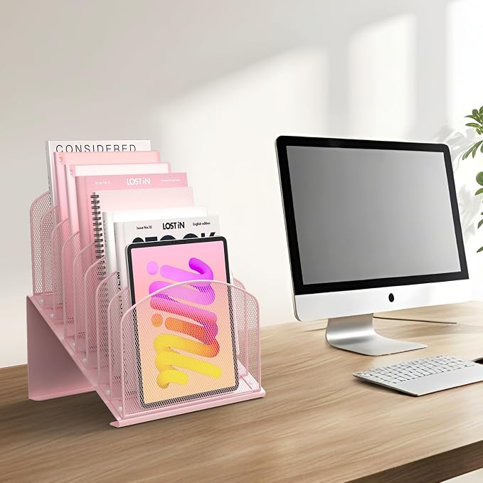 Inclined Desk File Organizer Metal Desk Magazine Folder Holder with 8-Section Vertical Compartments Rack File Organizer for Office, Home, School, Pink