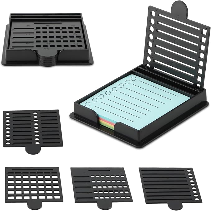 Sticky Note Holder with 5 Different Stencil, 3x3 Sticky Note Stencil Dispenser with Anti-Skidding Mats for Room and Office Desk Organizer(Color:Black)