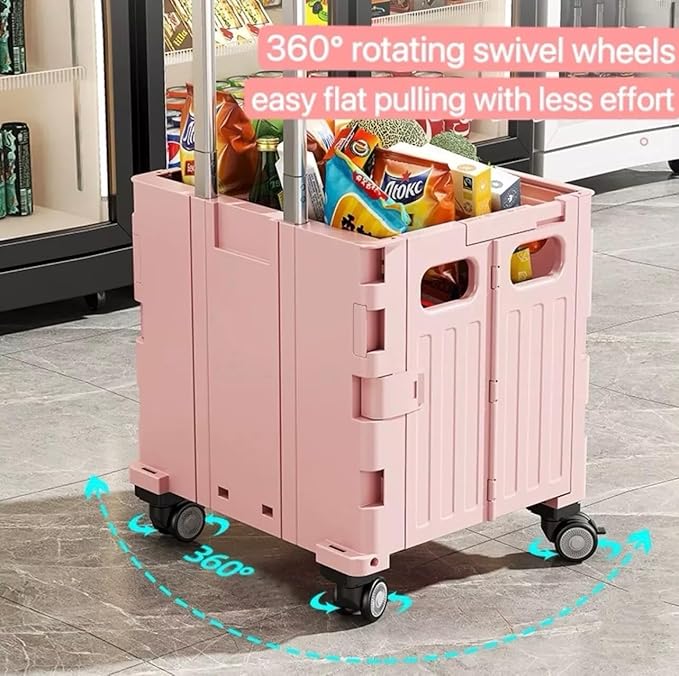 Foldable Rolling Utility Cart with Lid and Telescoping Handle, Collapsible Plastic Storage Crate with 360° Swivel Wheels, Portable Shopping Trolley for Groceries, Travel, Office, and Household Use