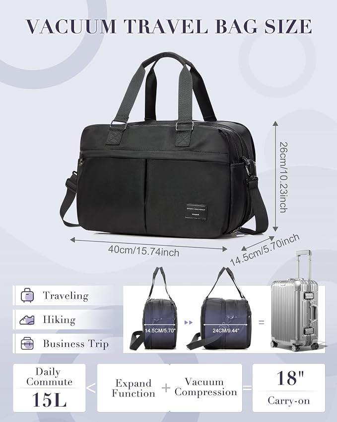 Vacuum Travel Bag with Air Pump Expandable Seal Compression Personal Item Carry on Bags for Airlines Travel Duffle Bags for Women Weekender Overnight Bag Sports Gym Tote Bag Black