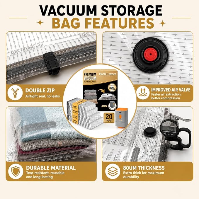 Vacuum Storage Space Saver Bags - 20 Pack Sealed Bags with Pump | Includes a rechargeable 25W pump with 4500Pa+ suction for quick vacuum sealing at home or on trips - airtight & waterproof