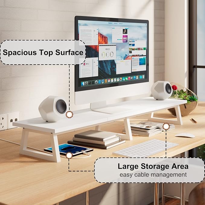 TEAMIX 42 inch Dual Monitor Riser White, Desk Organizer Stand for TV Laptop | Extra Long Stand Riser for 2 Monitors, Wood & Steel TV Riser, Holds 300lbs, Keyboard & PS5 Storage, For Home Office & Gaming