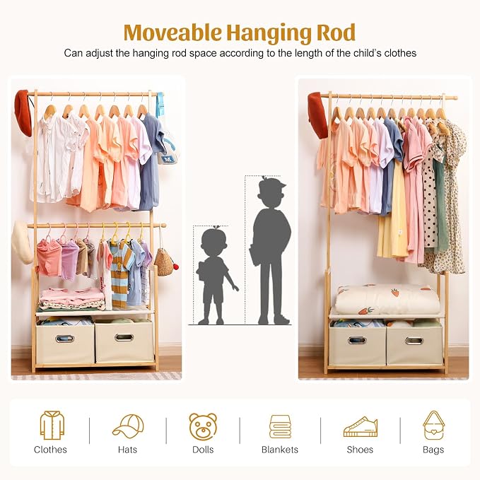 Bamboo Kids Clothing Rack: Holds Up To 121 Lbs of Dress-Up Clothes | 2 Adjustable Hanging Rods & 2 Storage Baskets With Shelf. Child Garment Holder for Playroom & Toddler Bedroom (Natural)