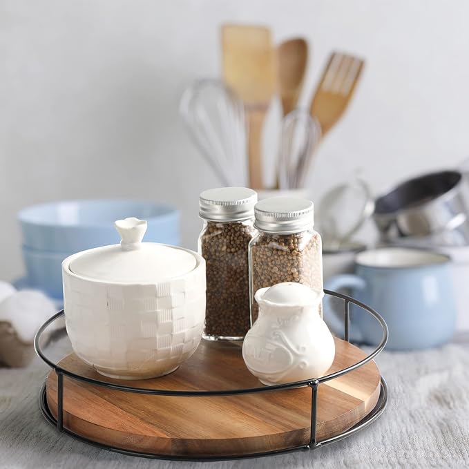 [ 2 Pack ] 10" & 11" Acacia Wood Lazy Susan Organizers with Steel Sides