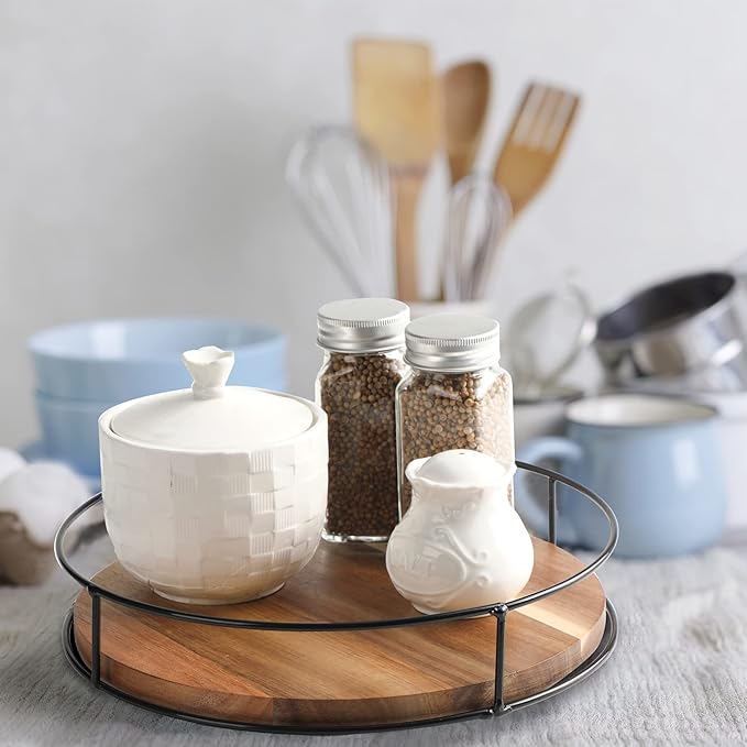 [ 2 Pack ] 11" & 12" Acacia Wood Lazy Susan Organizers with Steel Sides