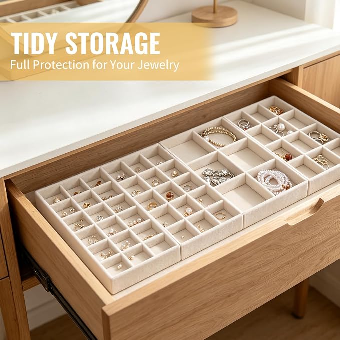 24 Pack Stackable Jewelry Organizer Trays, 4 Size Velvet Tray for Drawer | beige flocked lining, protects rings necklaces, grid compartments, different sizes, fits countertop display, gift