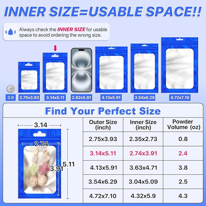 100 PCS Resealable Mylar Bags with Zip and Frosted Clear Window Smell Proof Packaging Bags Foil Pouch Zipper Bag for Food Self Sealing Storage Supplies (Blue, 3.14x5.11)