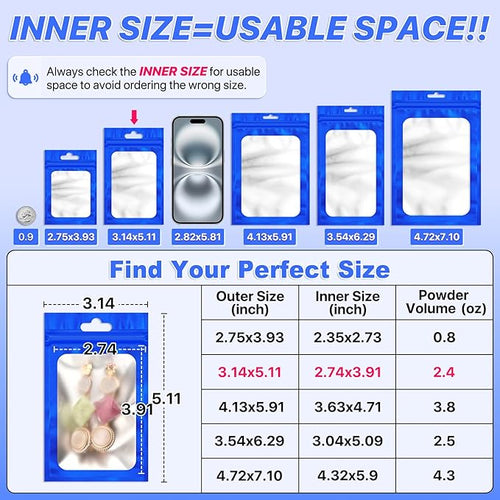 100 PCS Resealable Mylar Bags with Zip and Frosted Clear Window Smell Proof Packaging Bags Foil Pouch Zipper Bag for Food Self Sealing Storage Supplies (Blue, 3.14x5.11)