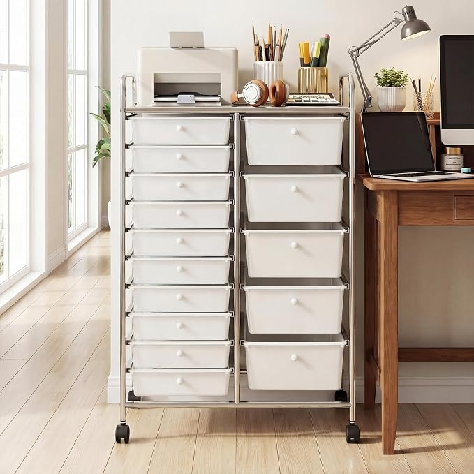 DREAMADE 15-Drawer Rolling Storage Cart, Mobile Craft Cart, White | Utility Organizer with Lockable Wheels, Removable Plastic Drawers and Metal Frame for Home Office, Classroom and Studio