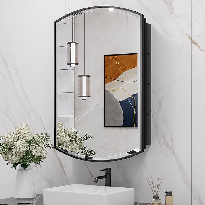 Keonjinn Black Medicine Cabinet with Mirror 20” x 30”, Metal Framed Wall Cabinet with Beveled Mirror, Surface Mount or Recessed Arched Medicine Cabinet for Bathroom,Bathroom Mirror with Storage