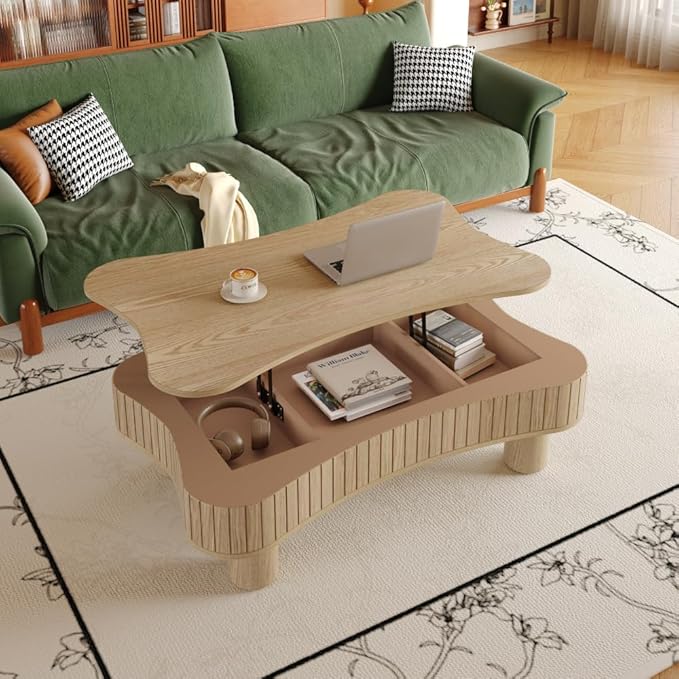 Lift Top Coffee Table with Hidden Storage Fluted Panel Silent Hydraulic Lift Curved Corners (Natural)