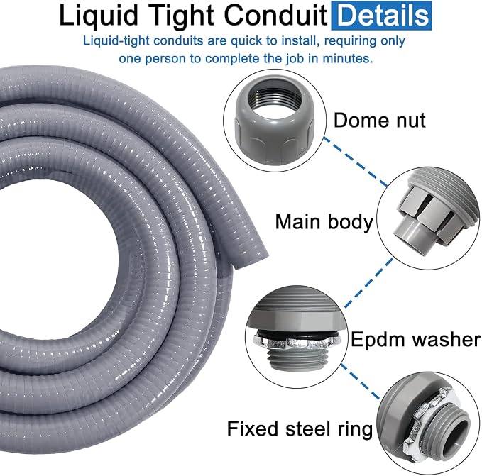 1-1/4inch 25FT Electrical Conduit Kit,Liquid-Tight Conduit and Connector Kit with 4 Straight and 2 Angle Fittings Included,Flexible Non Metallic Conduit(1-1/4" Dia,25 Feet)