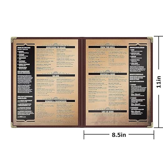 Goodsmart Restaurant Menu Covers - 25 Pack Brown 8.5" x 11", 2-Page/4-View, Side-Loading Vinyl Menu Holders, Clear Sleeves, Double-Stitched Edge, Leather-Style Café Menu Covers with Gold Corners