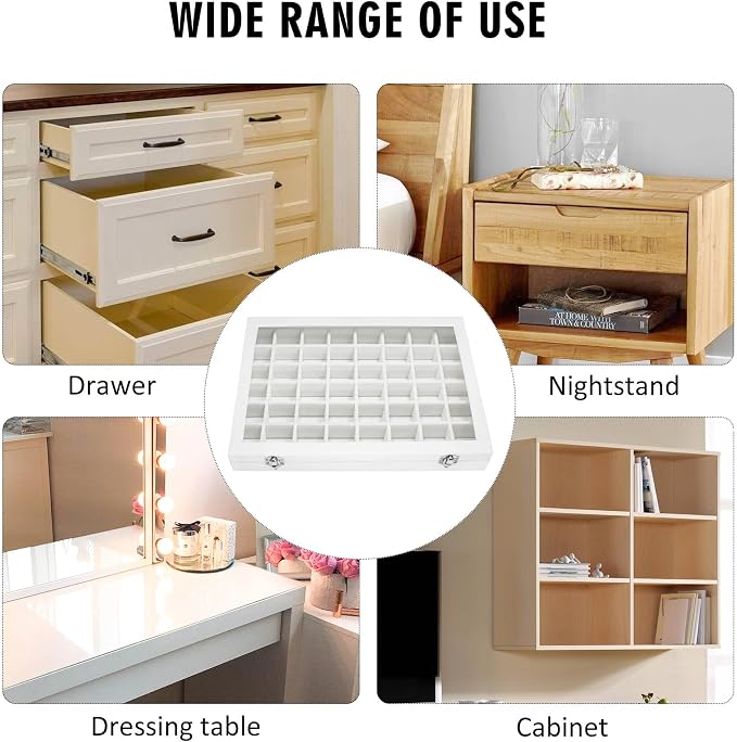 Siveit Velvet Jewelry Tray 48 Grid Jewelry Display Tray Organizer Box with Transparent Lid Rings Earrings Necklaces Pendants Display Box Suitable for Women and Girls (Ivory)