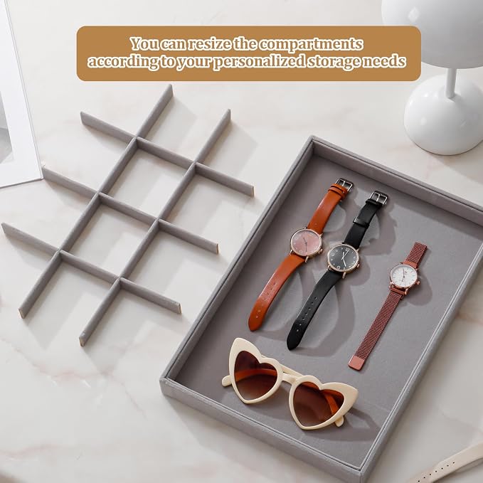 Large Stackable Jewelry Tray 4 Pack Velvet Jewelry Display Drawer Inserts Trays Organizer for Earring Bracelet Necklace Ring (Gray, 12 Grids)