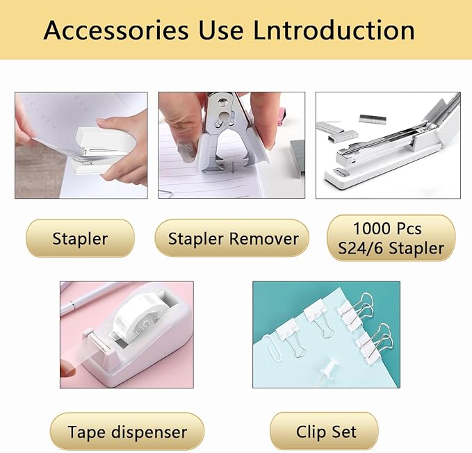 Office Supplies,Desk Accessories,Tape Holder,Stapler,Scissor,Staple Remover,Box of Binder Clips,Staples,Ballpoint Pen,Lndex Tabs,Clear Tape,Office Supplies Set(White)
