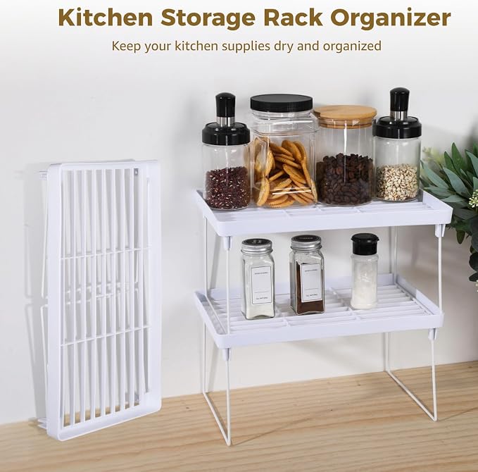 Homaisson 6 PCS Cabinet Storage Shelf Rack, Foldable Cabinet Organizer Shelf, White Stackable Plastic Kitchen Storage shelves Foldable Rack for Kitchen, Fridge, Bathroom