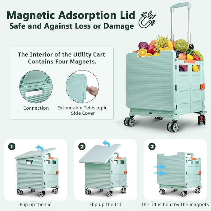 Foldable Utility Cart Collapsible Portable Crate Rolling Carts with Wheels Tote Basket with Magnetic Lid Telescopic Cover Wear-Resistant 360°Rotate Wheel Noiseless for Shopping Storage Office Use