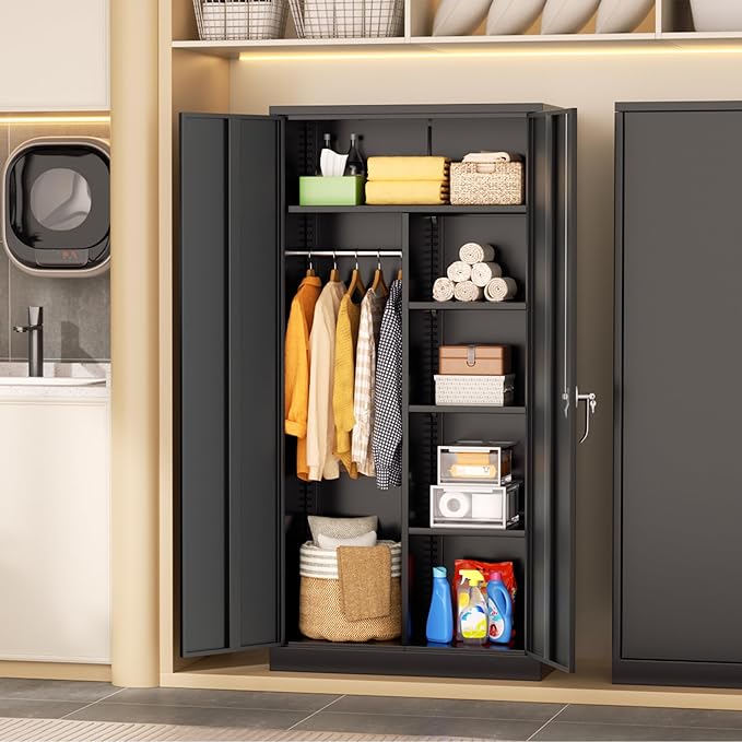 INTERGREAT Wardrobe Cabinets with Locking Doors and Shelves, Clothing Locker Storage Cabinet 72" X 36" X 18" for Home Room, School, Employee, Gym, Black