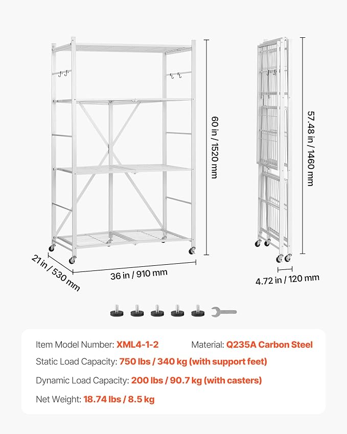 VEVOR 4-Tier Foldable Storage Shelf, 36W x 21D x 60 H Inch Folding Metal Rack Shelving Unit, No Assembly Organizer Shelf with 5 Wheels & 4 Hooks for Pantry, Kitchen, Garage, Basement, White