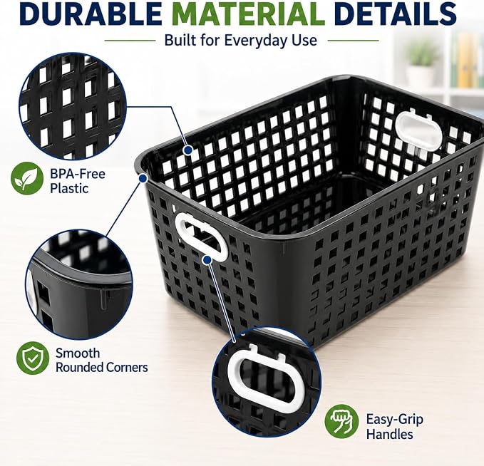 6 Pack Plastic Classroom Storage Baskets, Organizer Bins with Handle | Black Color 11" × 7.1" × 4.6" Medium Papers Book Storage Organizer for School Classroom Library Office Home Desktop Bookshelf