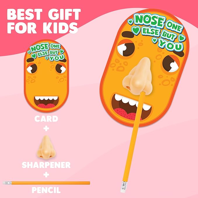 ArtCreativity Funny Nose Pencil Sharpener with Valentines Cards - Set of 28 - Classroom Novelty Gag Prize with 28 Pencils, Glue, I Pick You Nose Designs - Kids Birthday Party Favor and Art Supplies