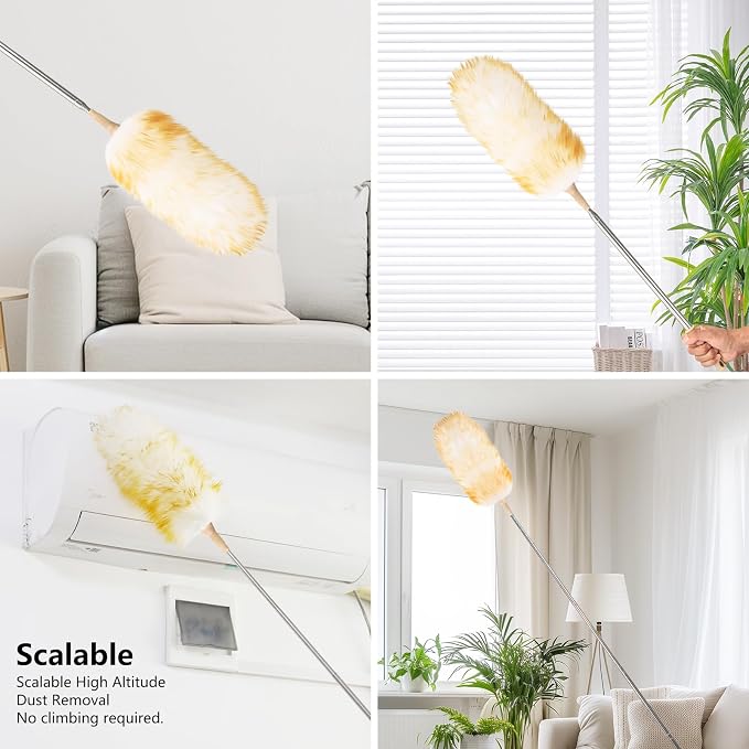 Lambswool Extendable Duster 32-98 Inch, Anti-Static Flexible Head, Stainless Steel Pole for High Ceilings, Fans, Interior & Roof Dusting(Two Pack)