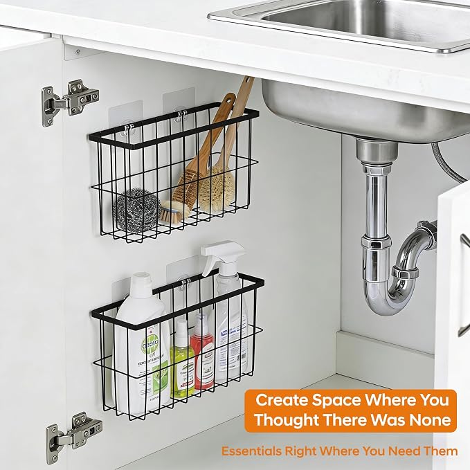FAMNONE 2-Pack Adhesive Cabinet Door Organizer, 5.9" Inside Cabinet Storage | Lid Organizer for Cabinet, No Drill Wall Mounted Storage Box for Pantry Door, Kitchen & Bathroom Space Saving Organizer