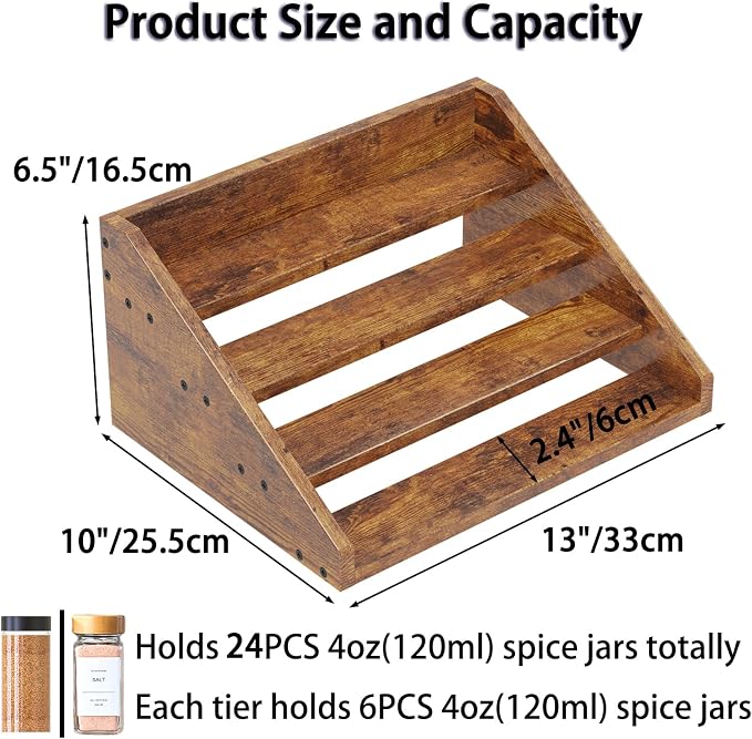 4 Tier Wood Spice Rack Organizer for Cabinet, Super Sturdy Display Riser Shelf Seasoning Organizer for Countertop Pantry Cupboard, Retro Storage Holder for Kitchen Condiment Jar Spice Container