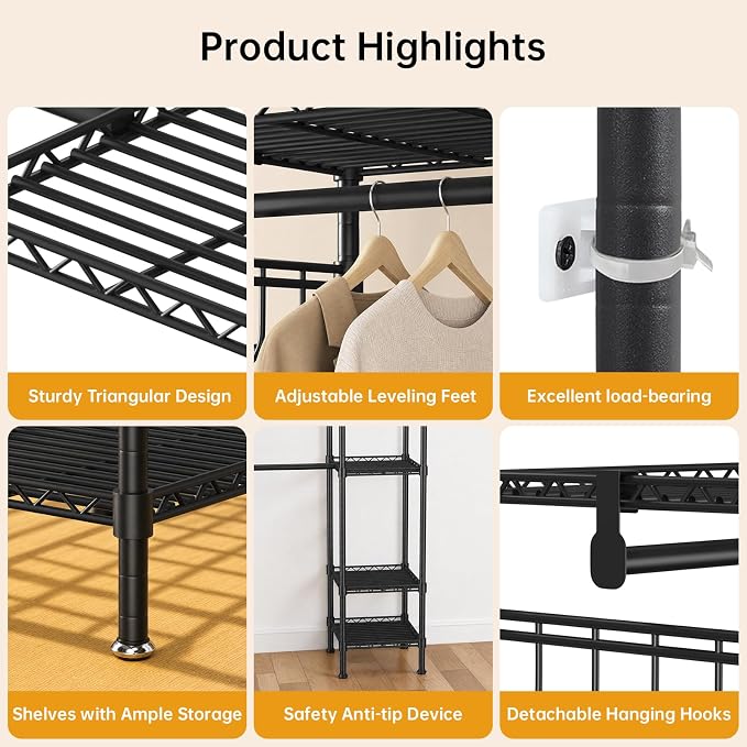 Kryonix 900lbs Expandable Garment Rack - Black | Adjustable 70"-88.2" wide with 5 rods & 6 shelves. 900lbs cap. Freestanding metal closet organizer for bedroom laundry.
