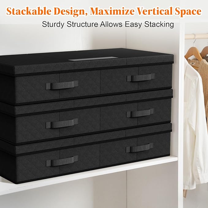 StoreHappily Under Bed Storage Containers with Lids - 2 Pack, Foldable and Stackable Clothes Storage Bags with Clear Window, 3-Sided Handles and Label Slot for Clothing, Blankets, Pillows (Black)