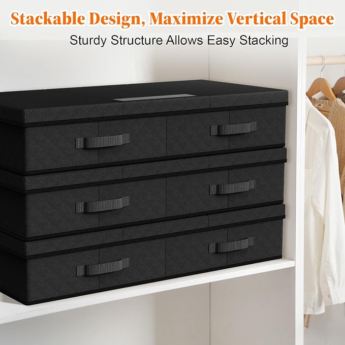 StoreHappily Under Bed Storage Containers with Lids - 3 Pack, Foldable and Stackable Clothes Storage Bags with Clear Window, 3-Sided Handles and Label Slot for Clothing, Blankets, Pillows (Black)