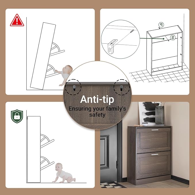 Haotian Shoe Cabinet Storage for Entryway | Narrow Shoe Cabinet with Two Flip Drawers to Save Space, Shoe Rack Cabinet for Front Door Entrance Hallway (Brown)