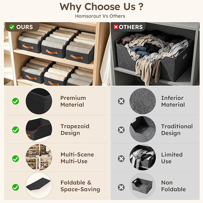Homsorout Fabric Storage Bins for Organizing - 8 Pack Large Trapezoid Collapsible Storage Bins with Front Handle, Closet Organizers and Storage for Bedroom, Home Shelves, Small Spaces, Black