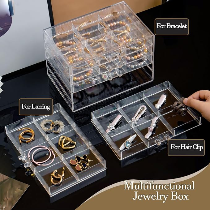 SPAKOWN Earring Organizer, Acrylic Earring Box Large 18 Compartments Jewelry Holder Organizer with 3 Drawers Stackable Earring Bracelet Storage Case Jewelry Boxes for Women (Clear)