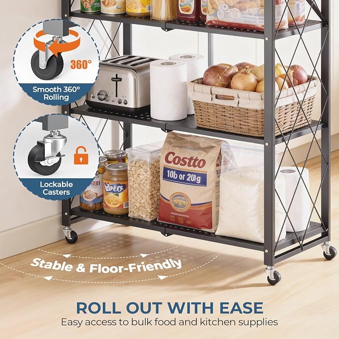 Upgraded 18% Thickened Portable 5-Tier Foldable Storage Shelves with Wheels Heavy Duty Storage Shelf Collapsible Shelves Unit Display for Garage Storage Kitchen Pantry & Closet Organizer