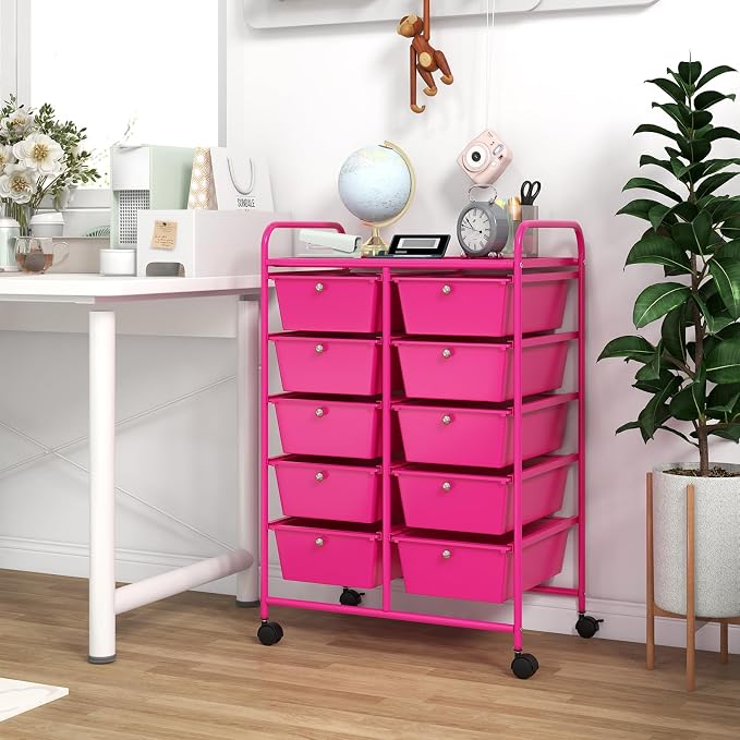 “Moccha 10-Drawer Rolling Storage Cart - Under Desk Storage Drawers with wheels for Craft Art Supply Paper Salon, Scrapbook Paper Tools, Storage Drawers Organizer, Mobile Utility Cart for Classroom