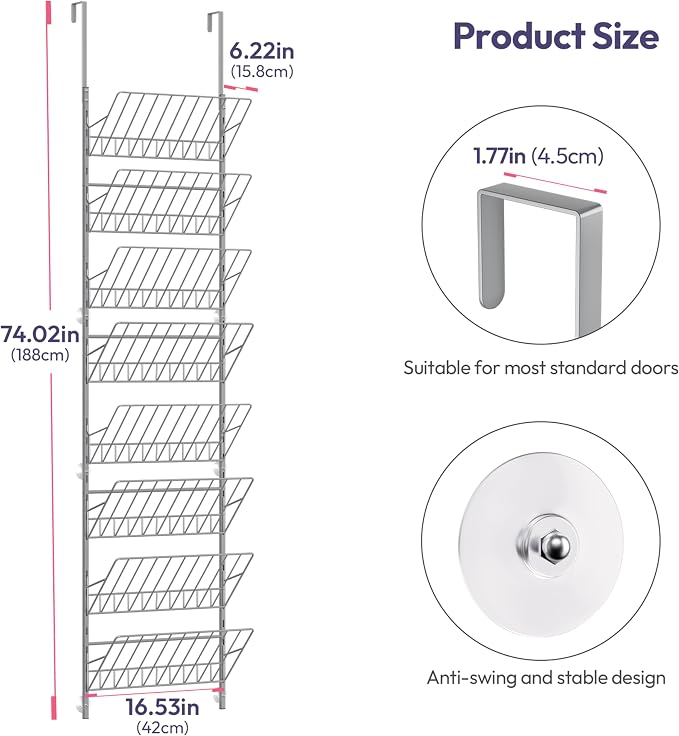SWTYMIKI Over the Door Shoe Organizer - Adjustable 8 Tier Hanging Shoe Rack Organizer, Metal Heavy Duty Behind Door Storage or Wall Mount Shoes Shelf for Flats, Heels, Sneakers, Boots, Silver
