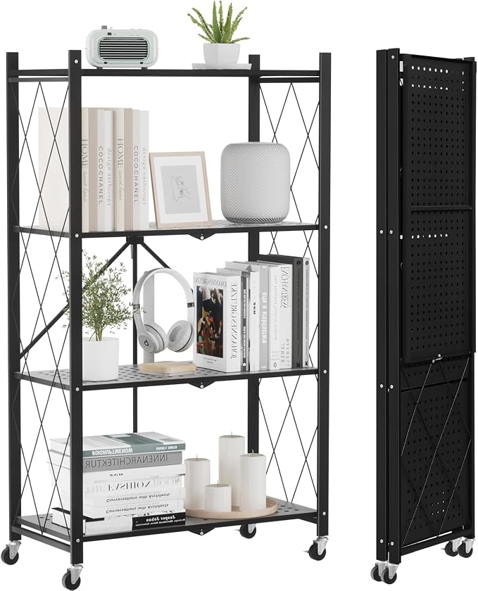 ALANNG 4 Tier Folding Storage Shelf on Wheels,Heavy Duty Metal Rolling Cart | 264 lbs Capacity, No Tools Assembly, Folds to 3.9", Lockable Casters, Portable for Kitchen Laundry Garage