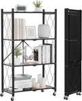 ALANNG 4 Tier Folding Storage Shelf on Wheels,Heavy Duty Metal Rolling Cart | 264 lbs Capacity, No Tools Assembly, Folds to 3.9", Lockable Casters, Portable for Kitchen Laundry Garage