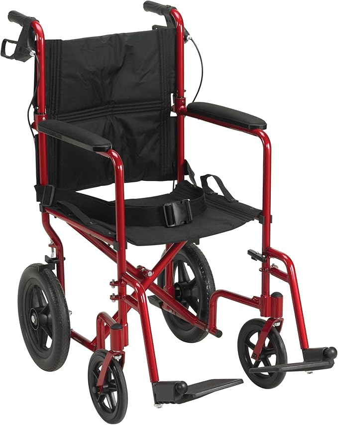 Drive Medical Lightweight Expedition Folding Transport Wheelchair - Ultra Lightweight Mobility Support for Seniors & Adults - Strong Aluminum Frame - Hand Brakes - Compact Folding Travel Chair - Red