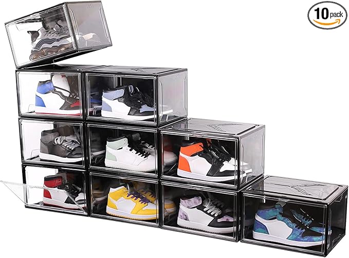 KDOR Shoe Boxes Black Plastic Stackable 10 Pack Sneaker Storage Boxes with Magnetic Door, Acrylic Display Case, Strong and Sturdy Fit Shoe Size Up to US 15（Side 10 PACK BLACK）