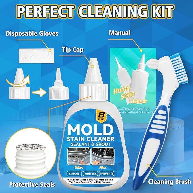Mold Stain Cleaner Gel, 8 Fl Oz Washing Machine Cleaner with Brush, Mold Cleaner Gel for Front Loader Washing Machine Seal, Bathroom Grout, Kitchen Sink, Shower, Refrigerator Strip