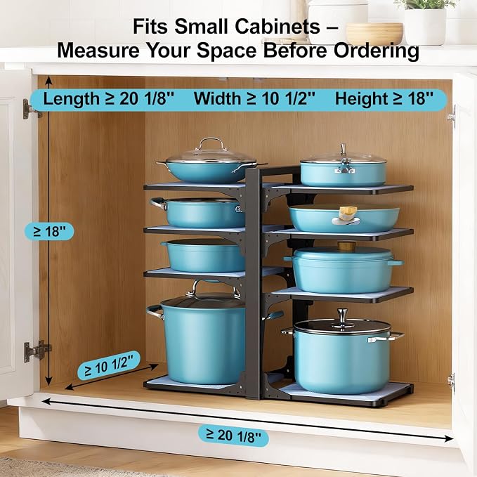 LAMU Pots and Pans Organizer Under Cabinet with 8 Adjustable Non-Slip Dividers,Pan Organizers Inside Cabinet,Iron Frame with Plastic Shelves,15-Inch Height for Small Kitchen Storage,Black