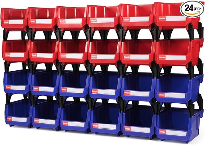 Stackable Parts Organizer 24 Pack (5x4x3 Inch), Small Parts Bins Wall Mounted Hanging Storage Bins for Screw, Hardware, Garage, Workbench & Office (Blue & Red)